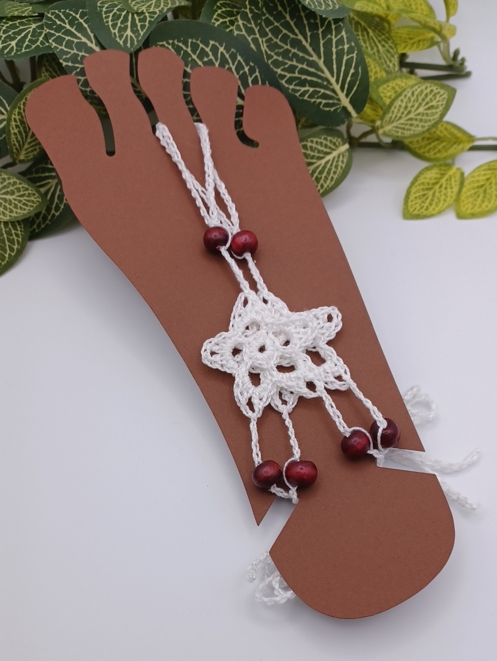 Handmade Crochet Flower Barefoot Sandals in White & Burgundy